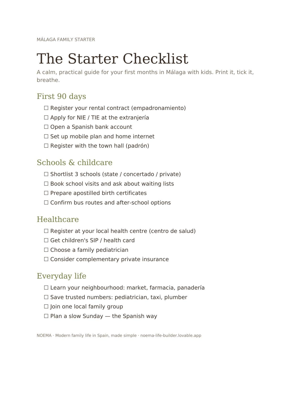 Málaga Family Starter Checklist preview