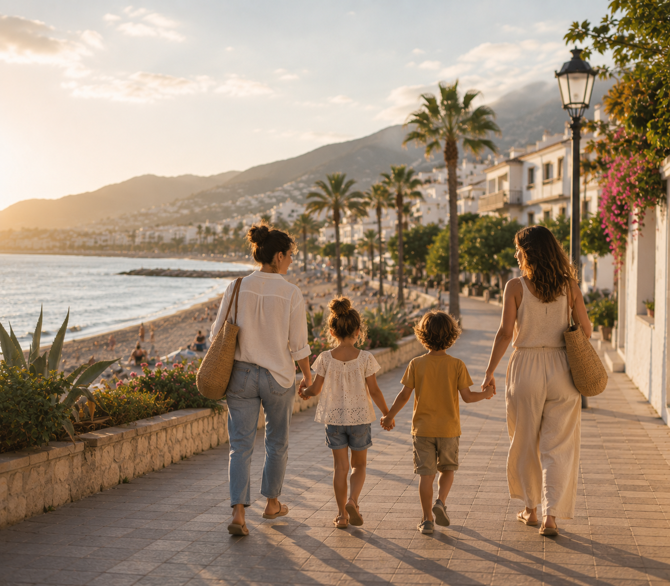 Two mothers walking with two children along a sunny Costa del Sol promenade with the sea and mountains behind them