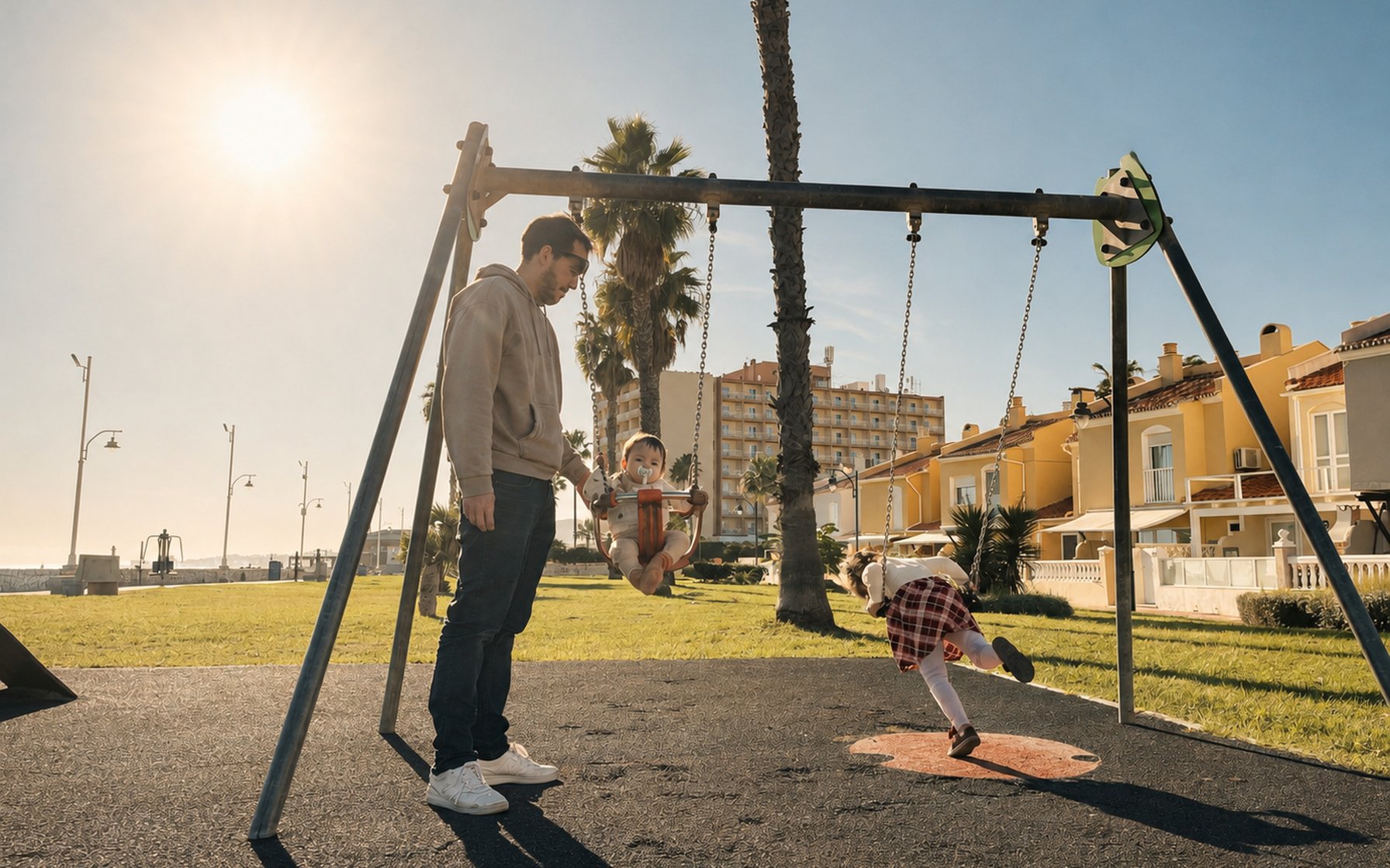 A father pushing his baby son on a swing at a seafront playground on the Costa del Sol while his young daughter plays beside them