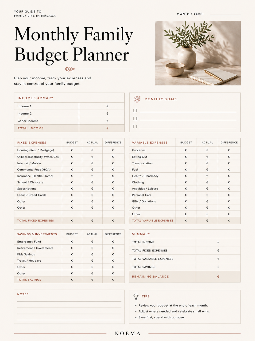 Monthly Family Budget Planner — free printable resource for families living in Málaga, Spain