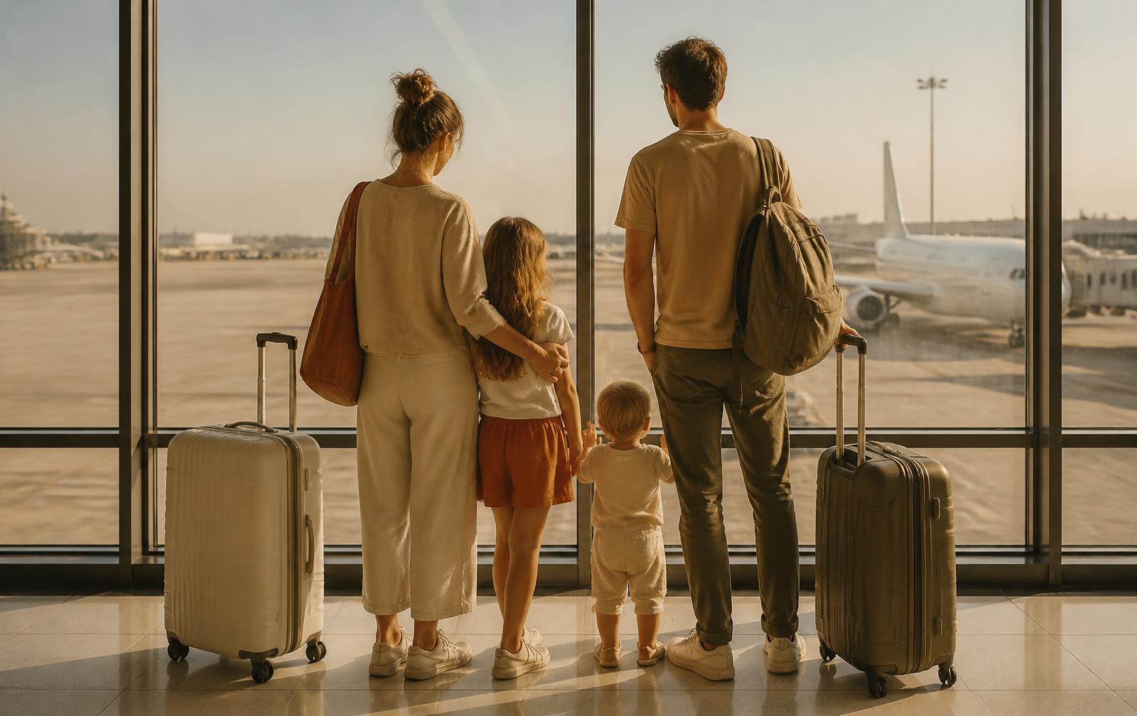 Una familia de cuatro, con sus maletas, mirando un avión por la ventana de un aeropuerto a primera hora de la mañana
