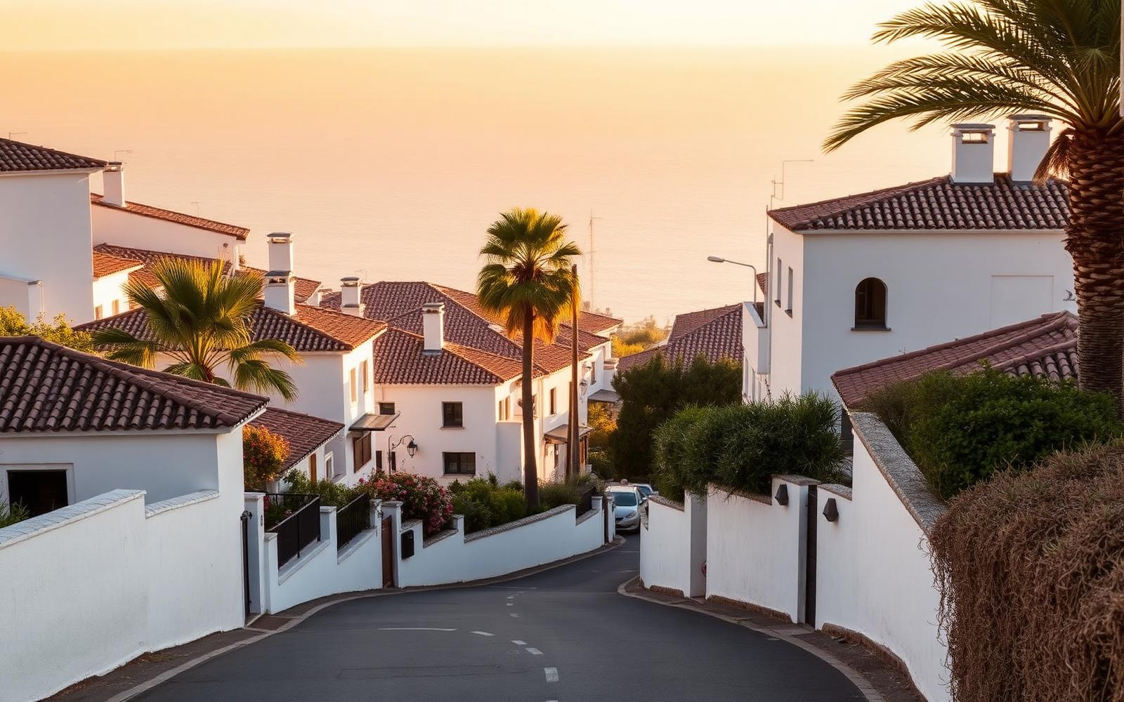 Calle empinada de una urbanización residencial con casas blancas y palmeras en Santángelo, Benalmádena, al atardecer